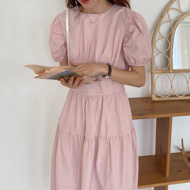 Pleated Slimming High Waist Long Over-the-knee Puff Sleeve Kikyou Dress