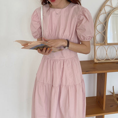 Pleated Slimming High Waist Long Over-the-knee Puff Sleeve Kikyou Dress