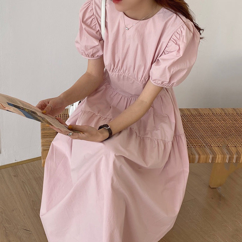 Pleated Slimming High Waist Long Over-the-knee Puff Sleeve Kikyou Dress