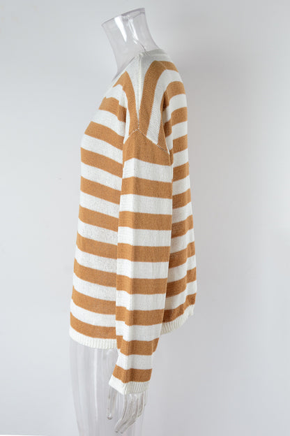 Plus Size Women's Loose Striped Sweater Long Sleeve Color Matching Round Neck Sweater