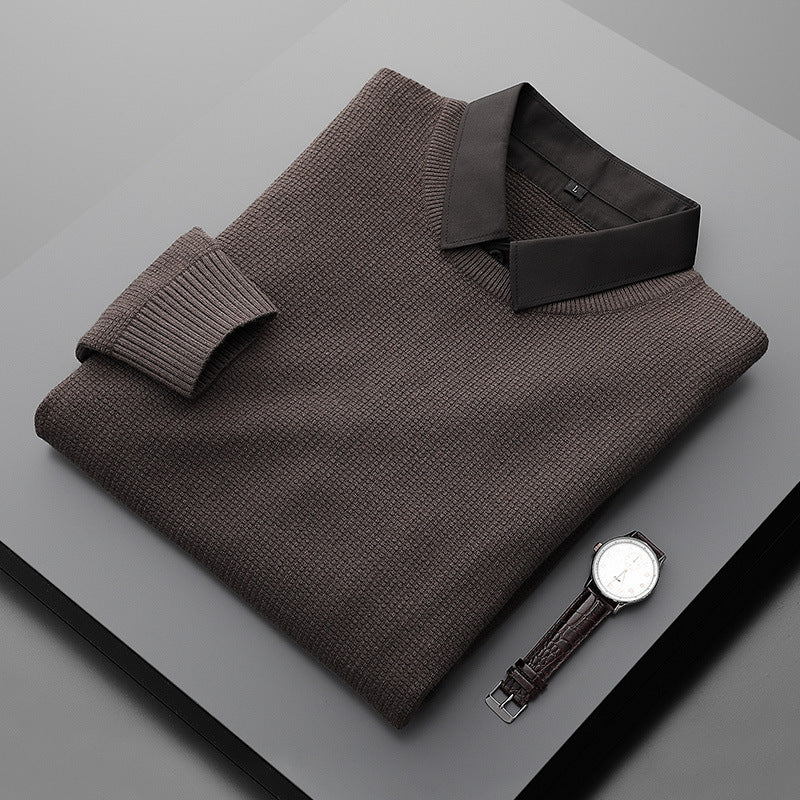 Fake Two-Piece Shirt Collar Knitted Sweater For Men