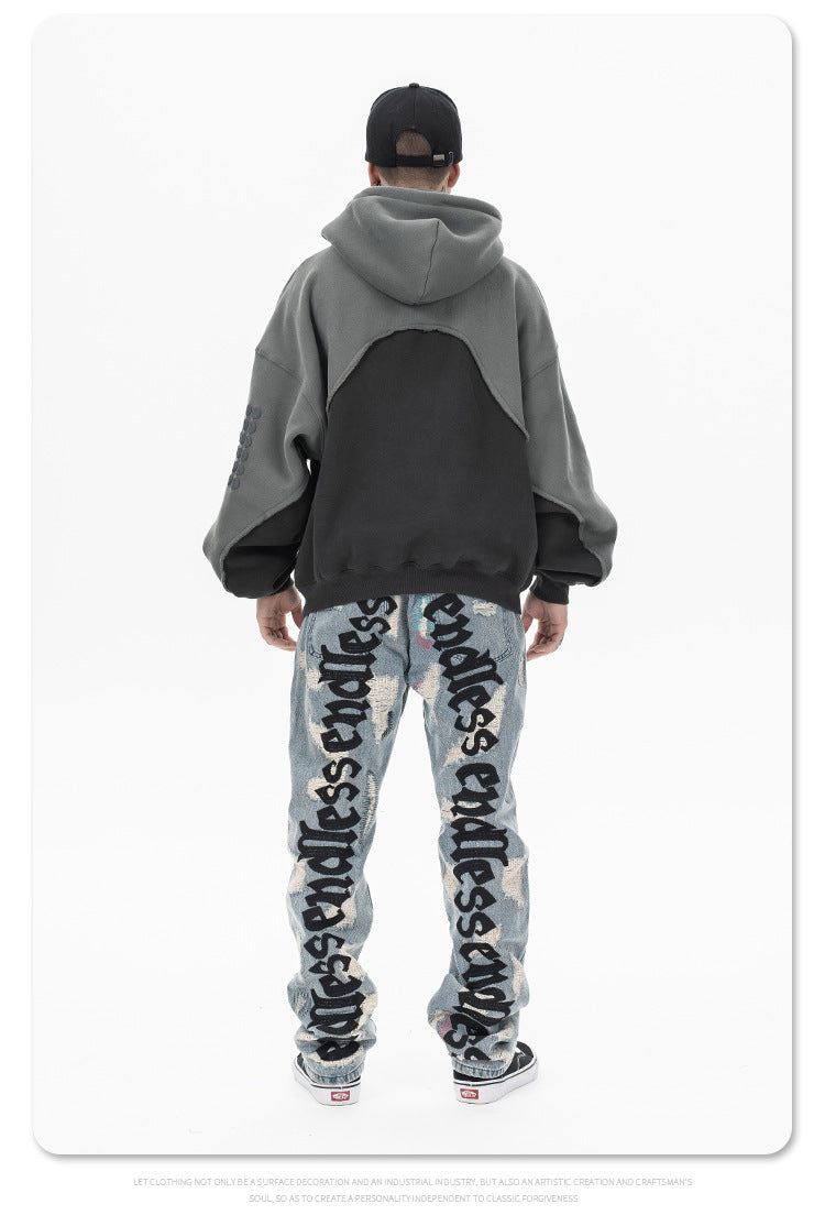 Stitching Contrast Color Velvet Padded Hooded Sweatshirt