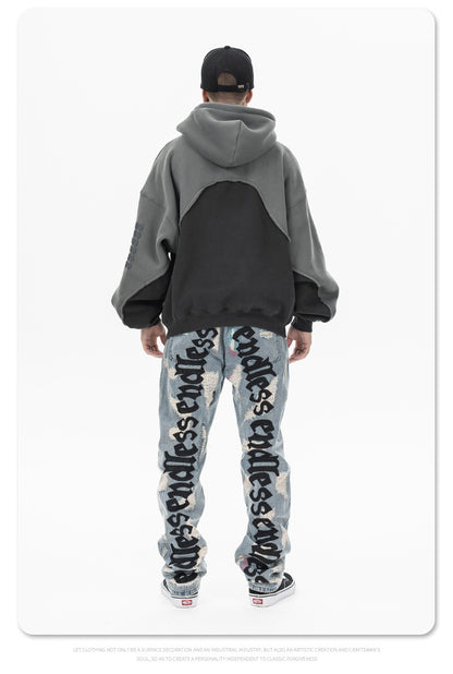 Stitching Contrast Color Velvet Padded Hooded Sweatshirt