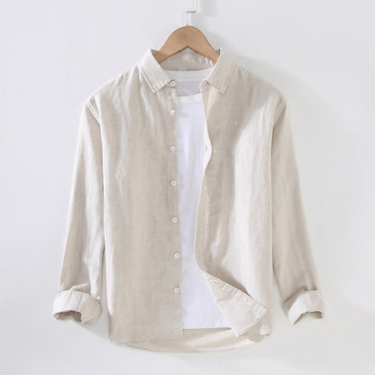 Spring And Summer Men's Linen White Long-sleeved Shirt