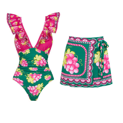 Women's Deep V-long Sleeved Retro Printed One Piece Swimsuit