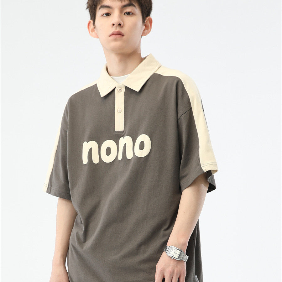 Men's Fashion Casual Cotton Lapel Color Matching Letter Print Short-sleeve