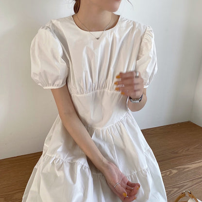 Pleated Slimming High Waist Long Over-the-knee Puff Sleeve Kikyou Dress