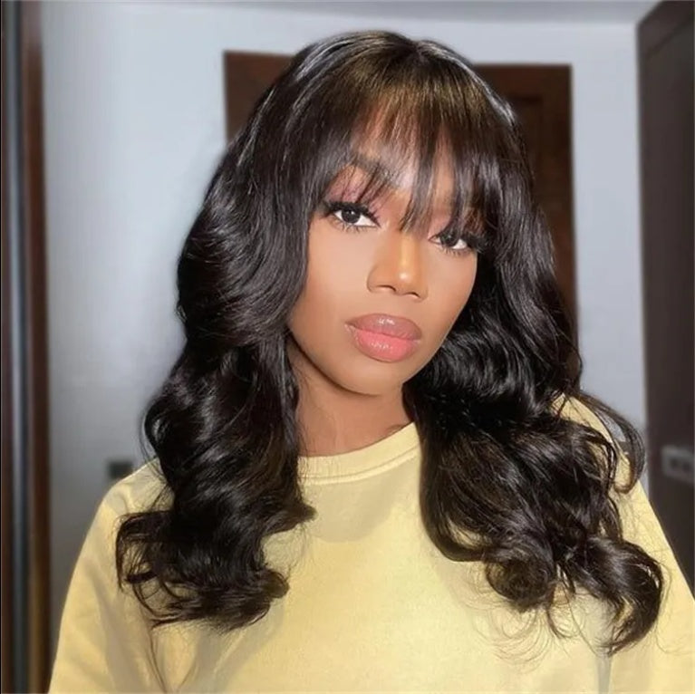 Pre-glue Free 13x5 Body Wavy Lace Front Wig With Bangs Hd Pre-cut Lace Human Hair Wig