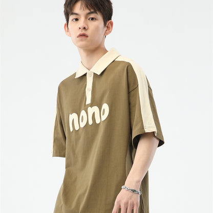 Men's Fashion Casual Cotton Lapel Color Matching Letter Print Short-sleeve
