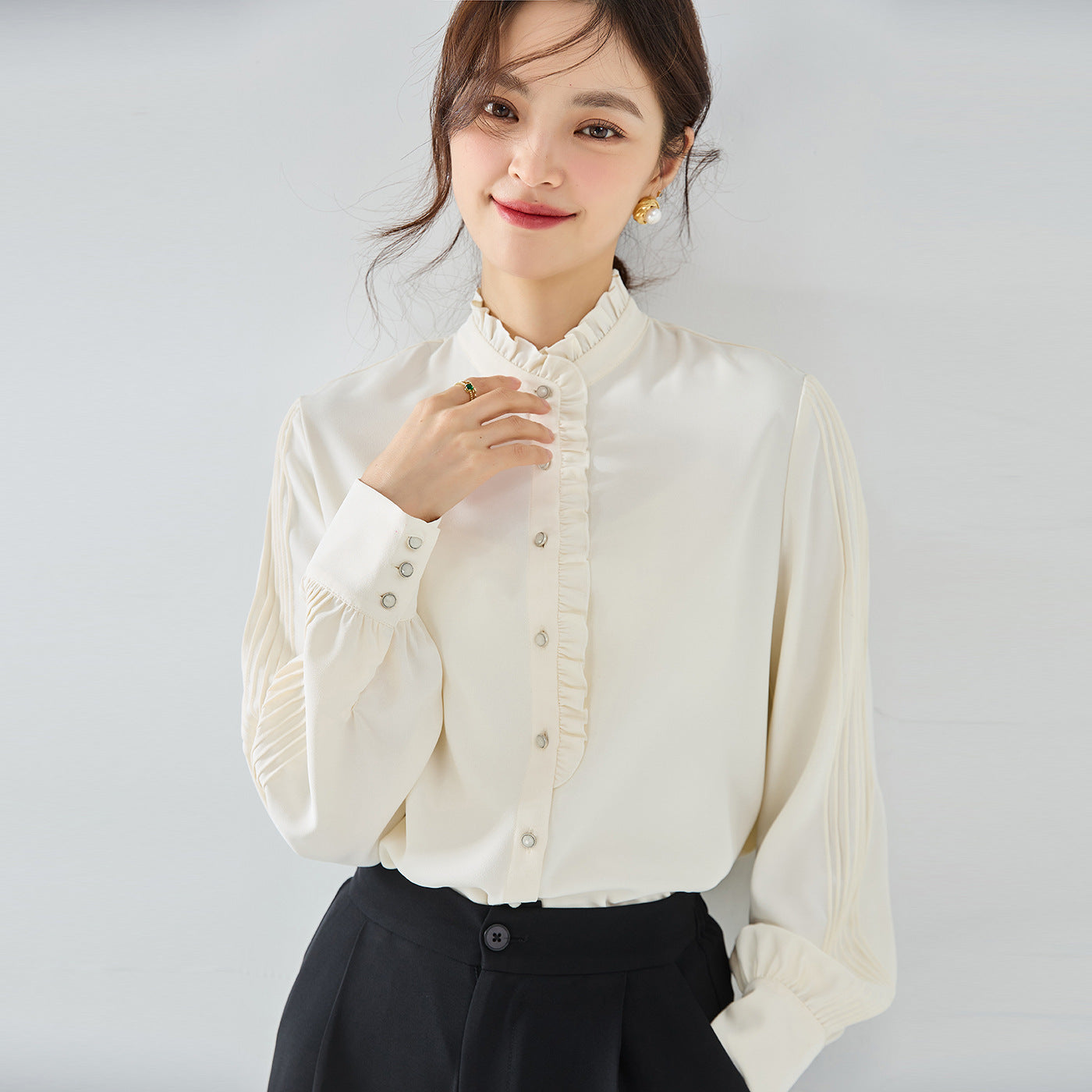 New Elegant French Chiffon Shirt Ruffled Collar Top