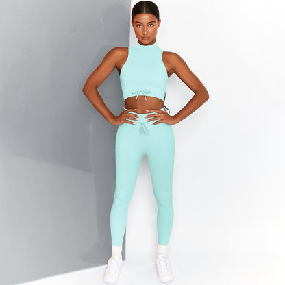 Women's Fashion Casual Solid Color Thread Turtleneck Double-shoulder Strap Bra Trousers Suit
