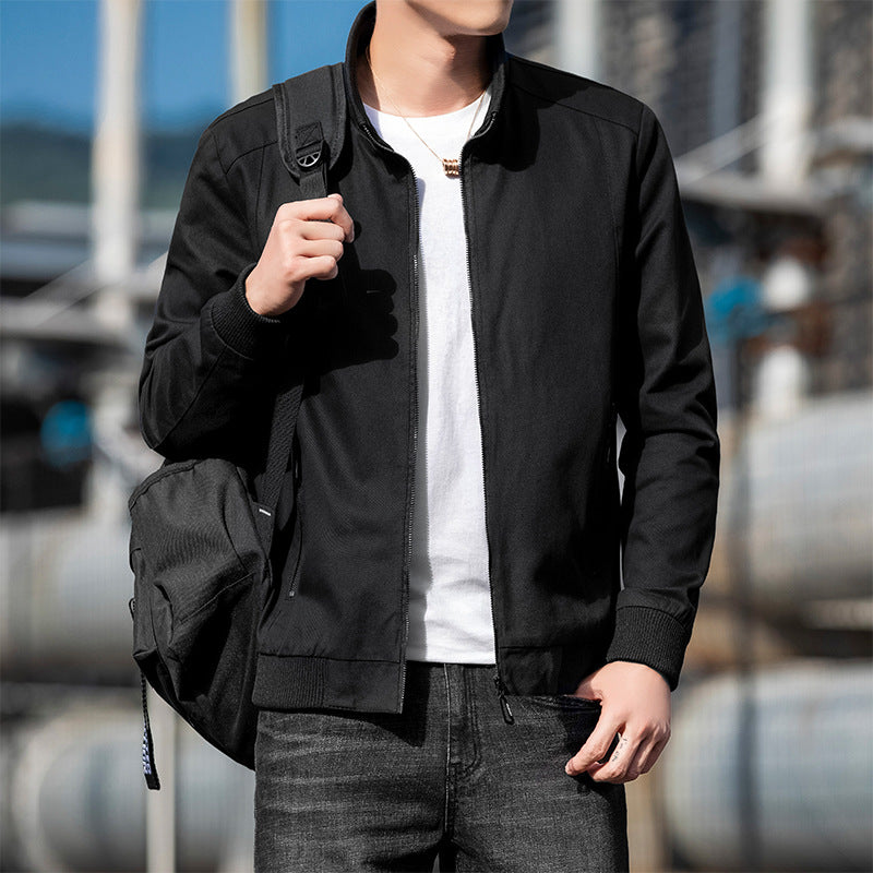 Autumn Short Stand Collar Jacket Casual Zip Coat Men's Korean Trendy Workwear Men's Black Wear-resistant