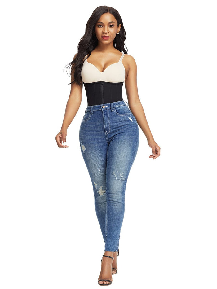 9 Steel Bones W-shape Waist Trainer Zipper Built-in Clips Inside