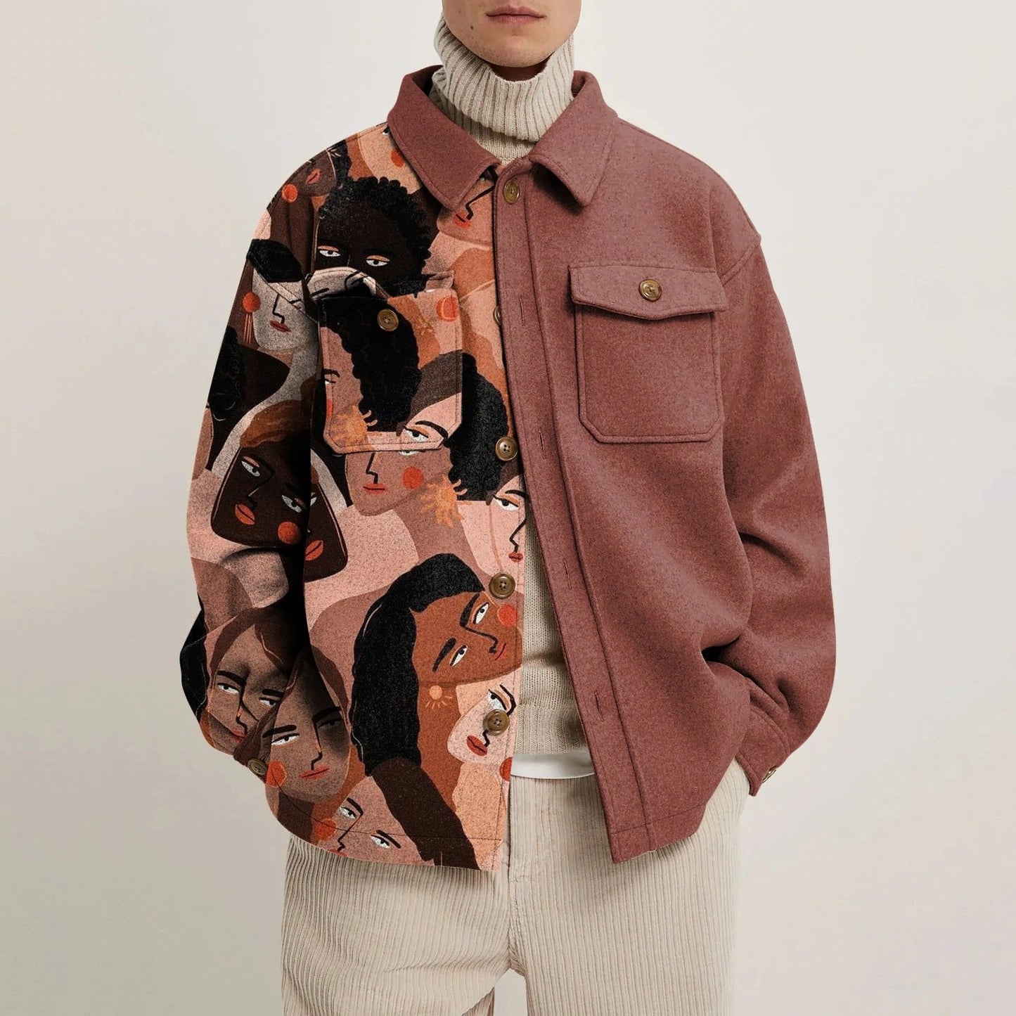 Men's Casual Fashion Vintage Printing Splicing Coat