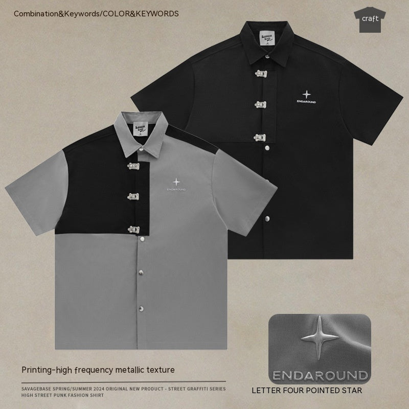 Short-sleeved Aircraft Buckle Shirt Men's And Women's Niche High Street Stitching Profile Shirt