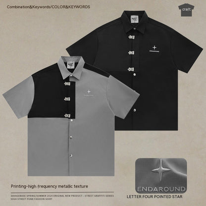 Short-sleeved Aircraft Buckle Shirt Men's And Women's Niche High Street Stitching Profile Shirt