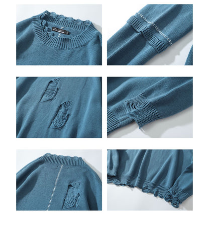 Crew Neck Pullover Sweater Wool Embroidery Loose