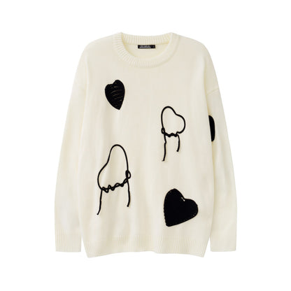 Love Embroidered Western Style Embroidered Round Neck Sweater