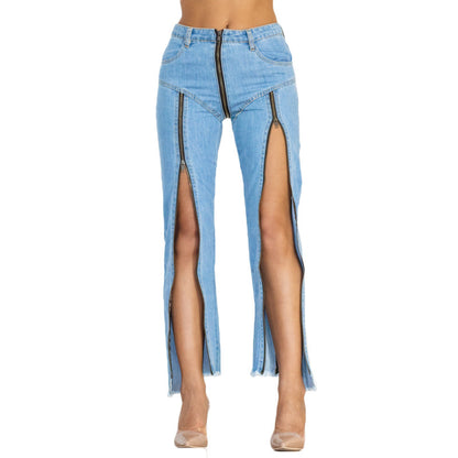 Light Blue Zipper Personality Design Irregular Skinny Jeans
