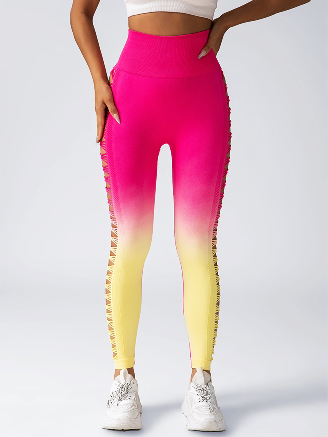 2 Pack Cut Out Ombre Gradient Color Hollow High-waist Butt-lifting Fitness Women's Yoga Pants, Women's High Waist Yoga Pants Cutout Ripped Super Soft And Comfortable Skinny