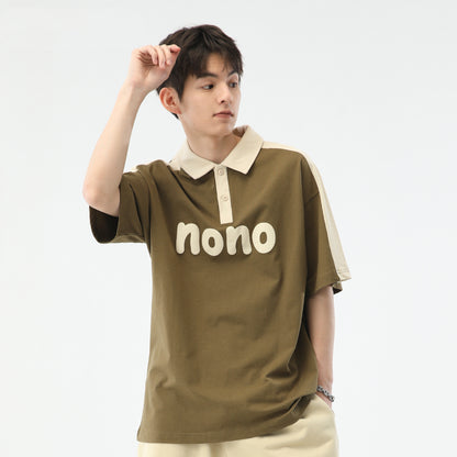 Men's Fashion Casual Cotton Lapel Color Matching Letter Print Short-sleeve