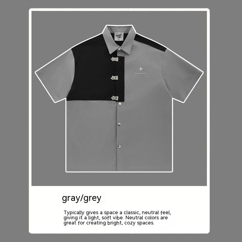Short-sleeved Aircraft Buckle Shirt Men's And Women's Niche High Street Stitching Profile Shirt