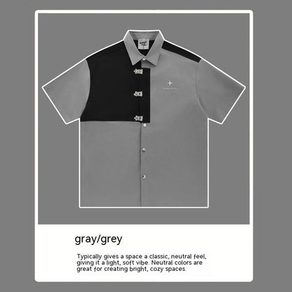 Short-sleeved Aircraft Buckle Shirt Men's And Women's Niche High Street Stitching Profile Shirt