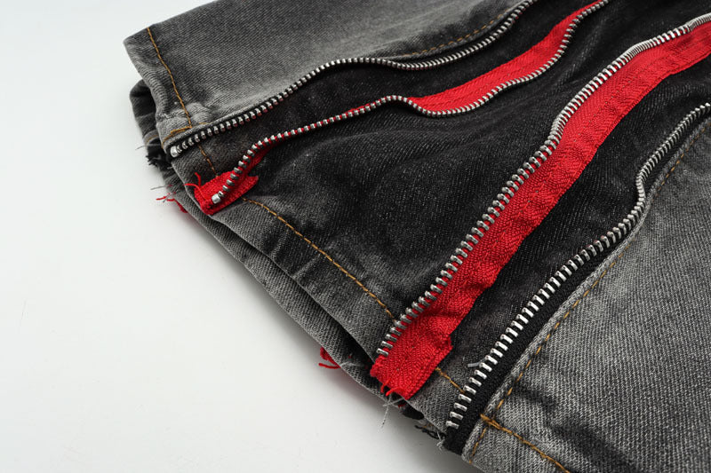 American Retro Black And Red Double Zipper Washed Do The Old Cowboy Shorts