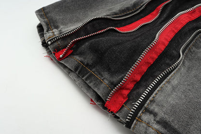 American Retro Black And Red Double Zipper Washed Do The Old Cowboy Shorts