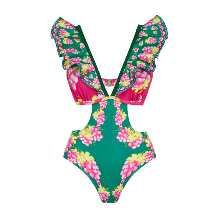 Women's Deep V-long Sleeved Retro Printed One Piece Swimsuit
