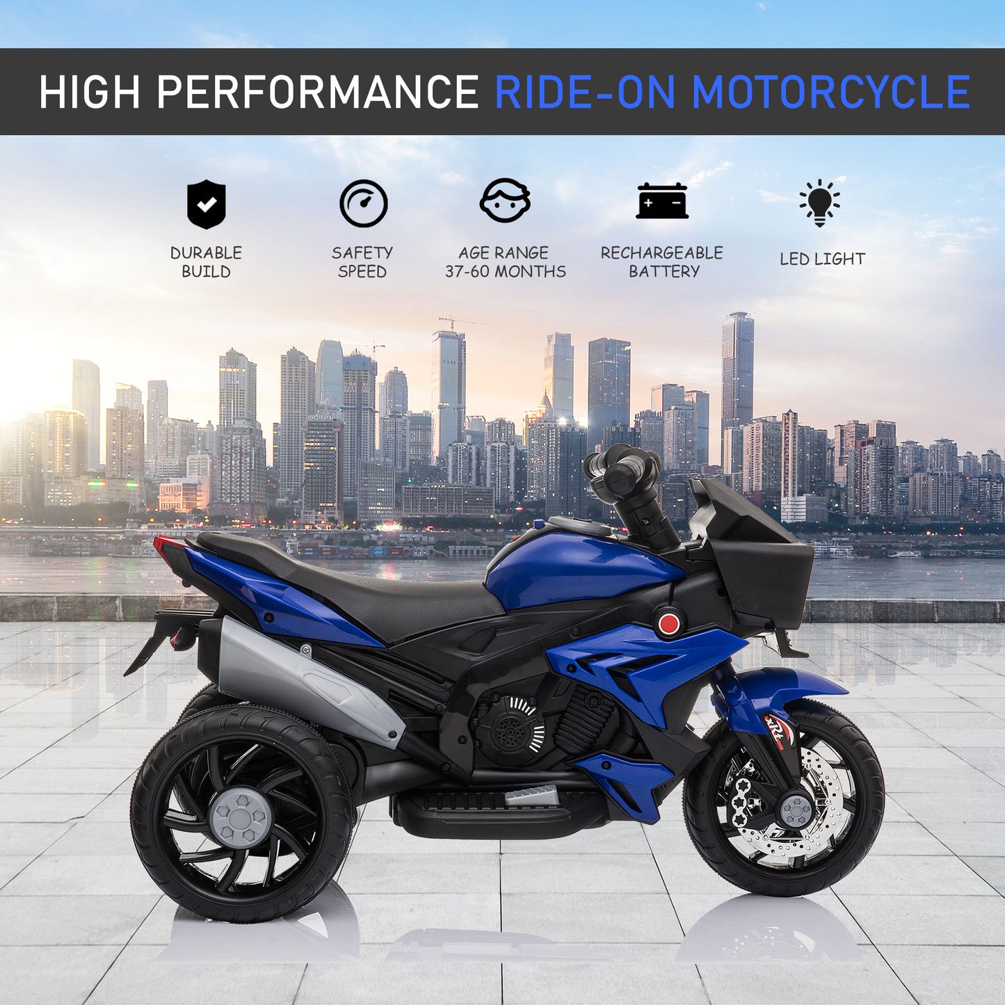 Electric Motorbike For Kids 6V Ride-On Motorcycle Toy With Music Horn Headlights Blue