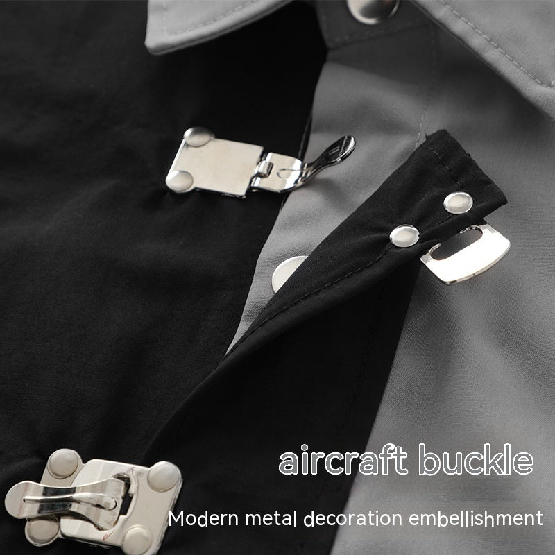 Short-sleeved Aircraft Buckle Shirt Men's And Women's Niche High Street Stitching Profile Shirt