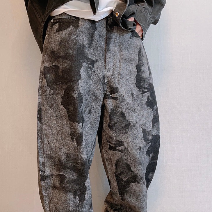 Tie-dye Printed Loose Retro Machete Full Printed Jeans For Men
