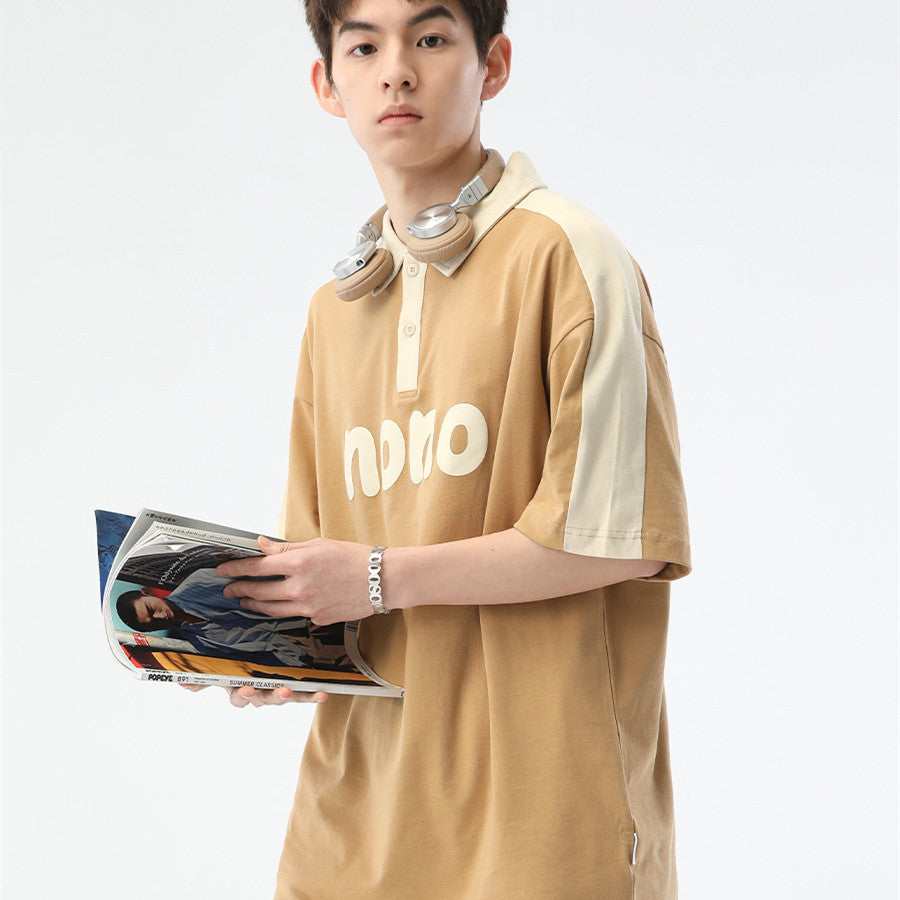 Men's Fashion Casual Cotton Lapel Color Matching Letter Print Short-sleeve