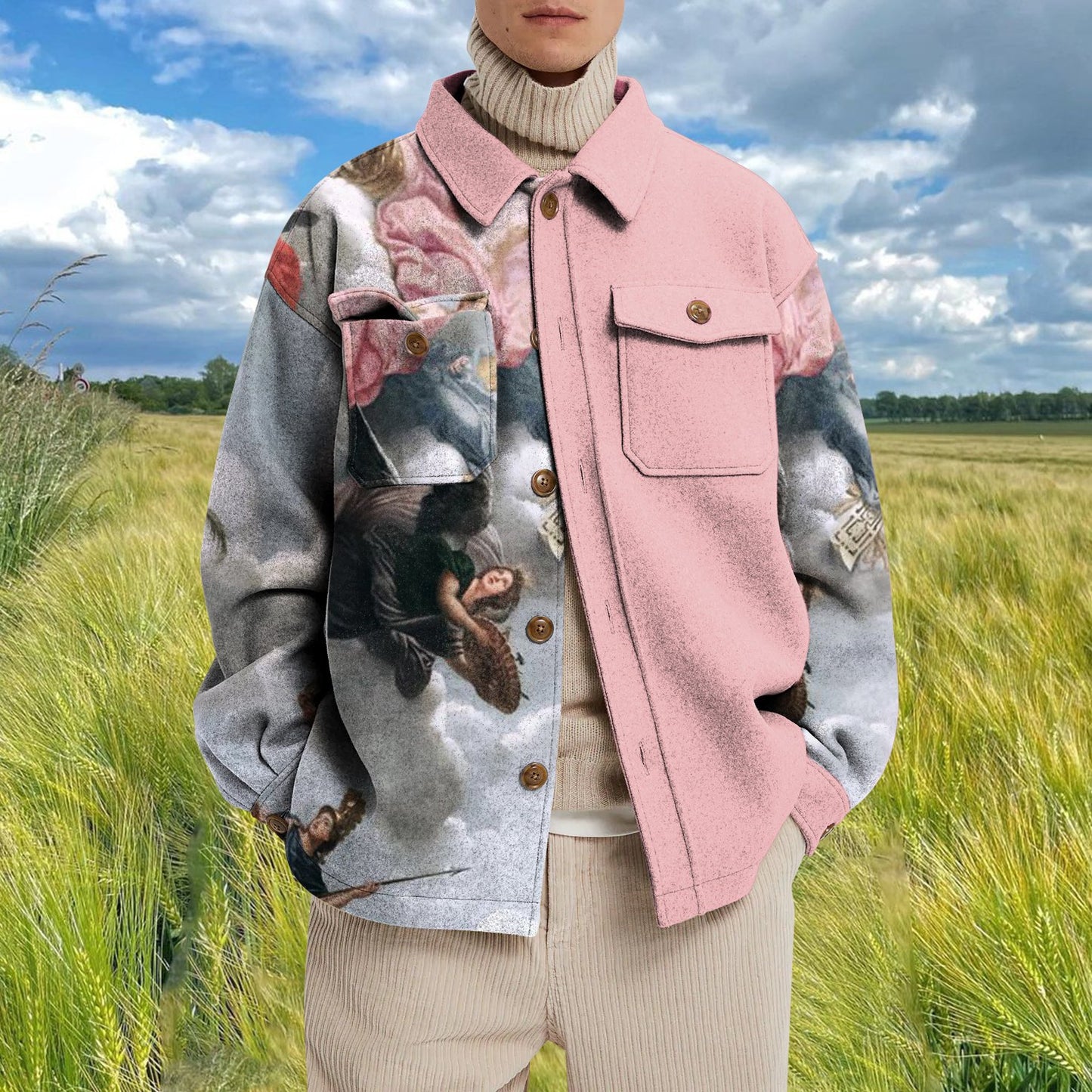 Men's Casual Fashion Vintage Printing Splicing Coat