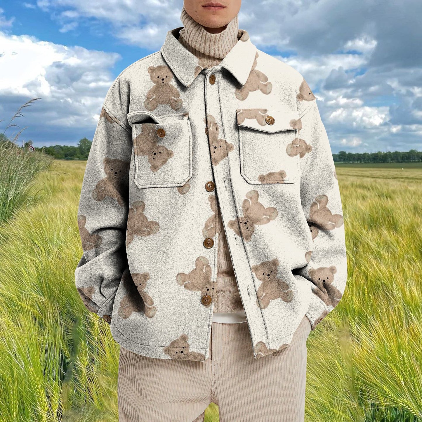 Men's Casual Fashion Vintage Printing Splicing Coat
