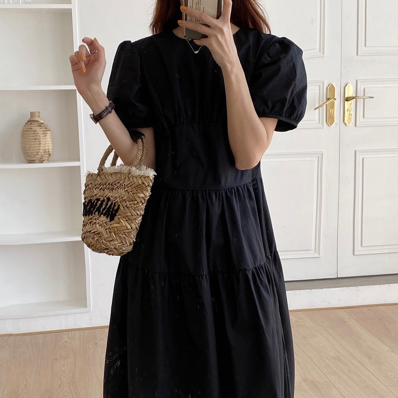 Pleated Slimming High Waist Long Over-the-knee Puff Sleeve Kikyou Dress