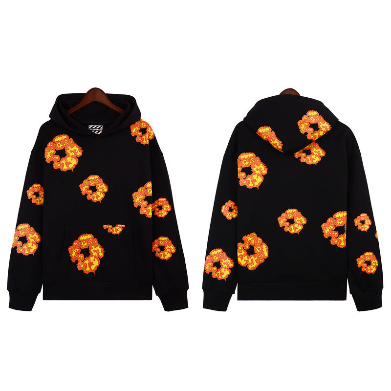 Flame Wood Cotton Puff Print Loose Velvet Padded Hooded Sweatshirt