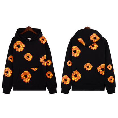 Flame Wood Cotton Puff Print Loose Velvet Padded Hooded Sweatshirt
