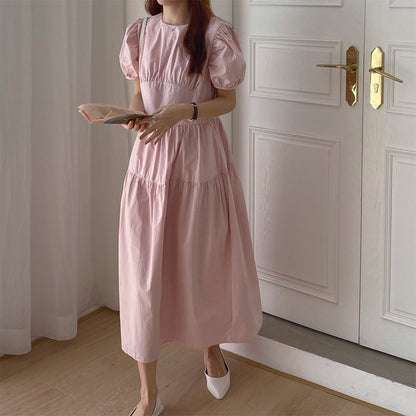 Pleated Slimming High Waist Long Over-the-knee Puff Sleeve Kikyou Dress