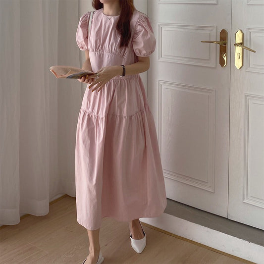 Pleated Slimming High Waist Long Over-the-knee Puff Sleeve Kikyou Dress