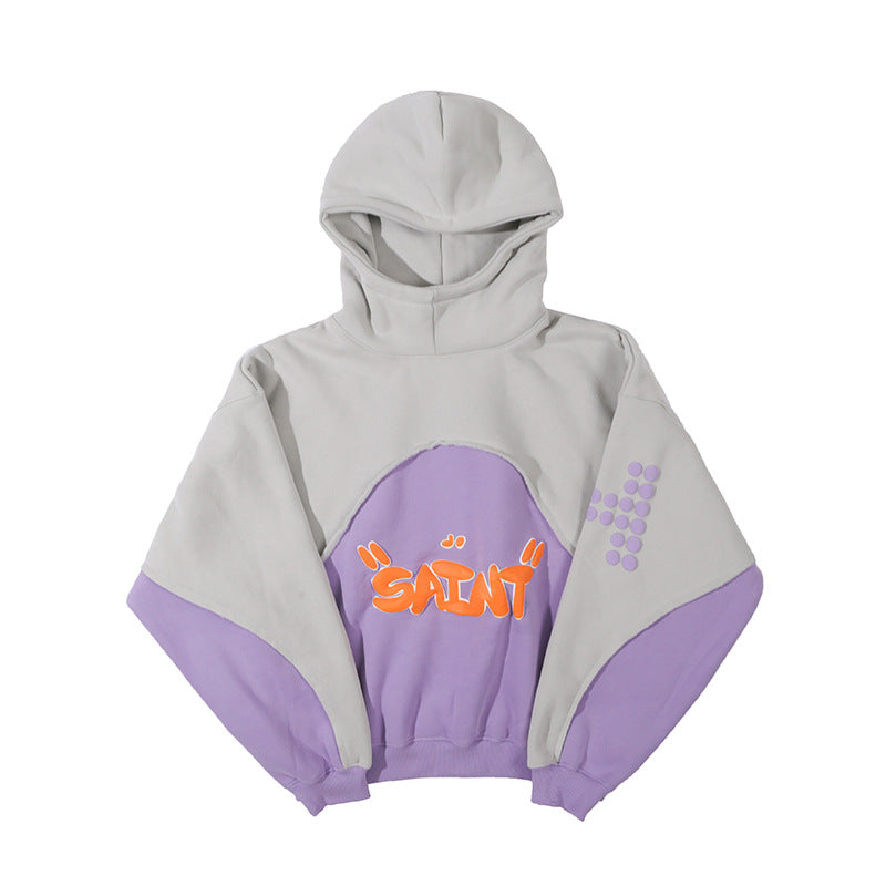 Stitching Contrast Color Velvet Padded Hooded Sweatshirt
