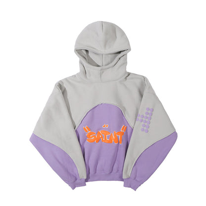 Stitching Contrast Color Velvet Padded Hooded Sweatshirt