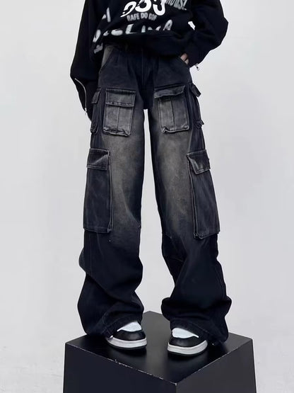 Street Design Wide-leg Workwear Trousers Men's And Women's Loose Straight Washed Retro Jeans