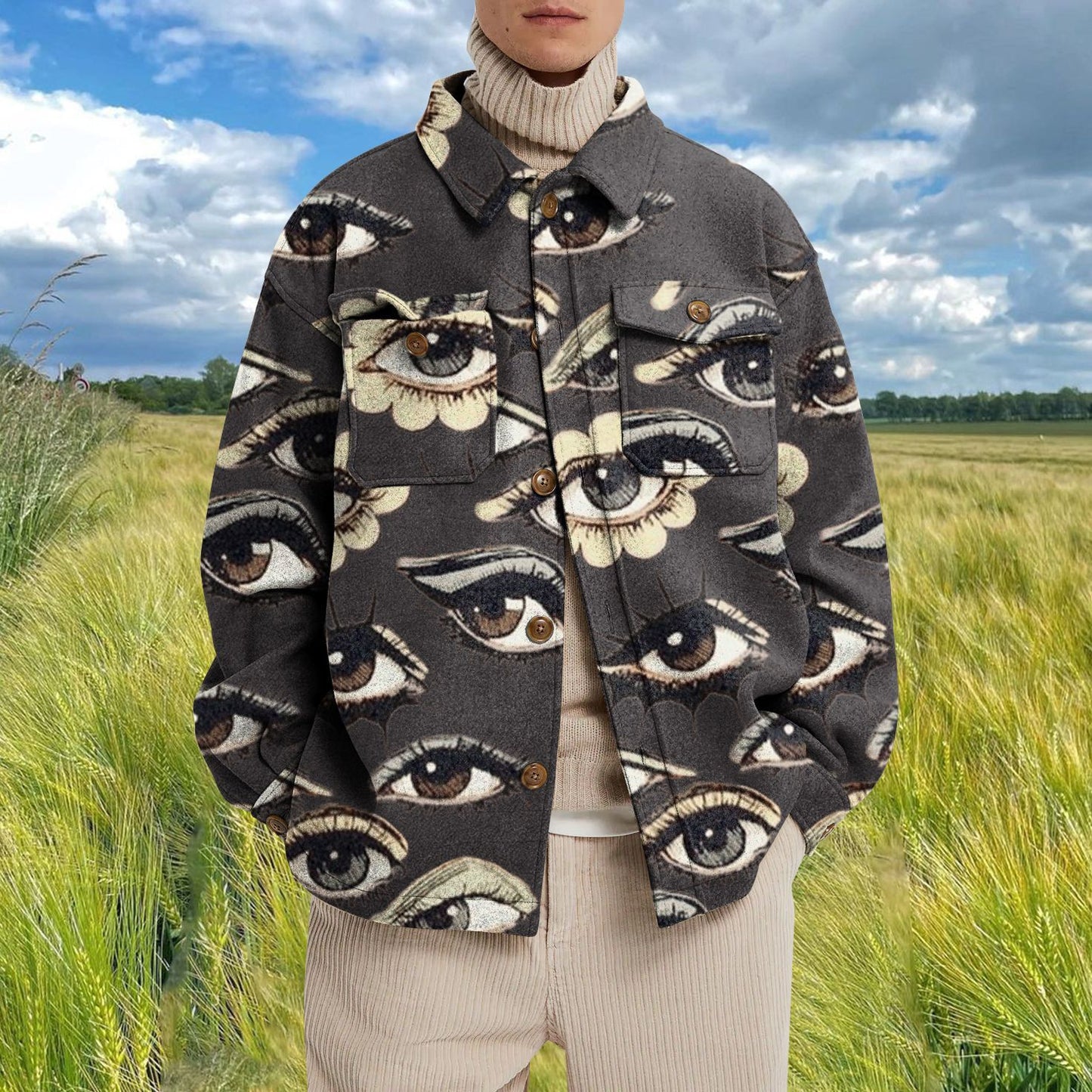Men's Casual Fashion Vintage Printing Splicing Coat
