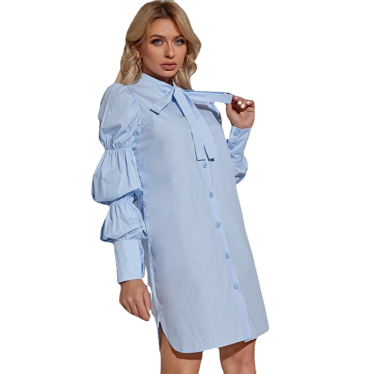 Puff Sleeve Shirt Dress Long Sleeve Solid Color