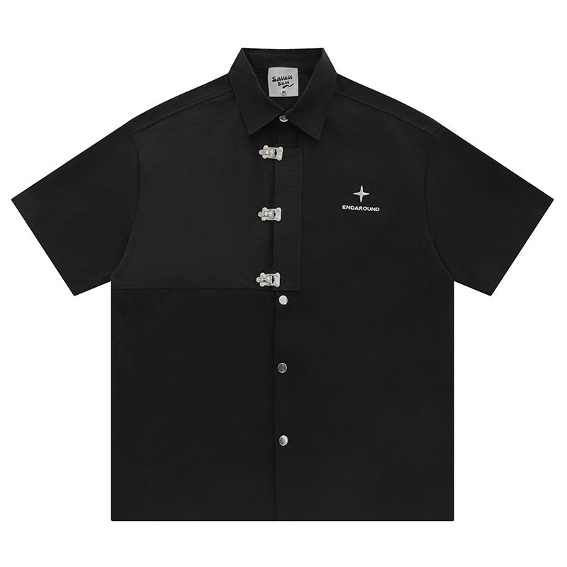 Short-sleeved Aircraft Buckle Shirt Men's And Women's Niche High Street Stitching Profile Shirt