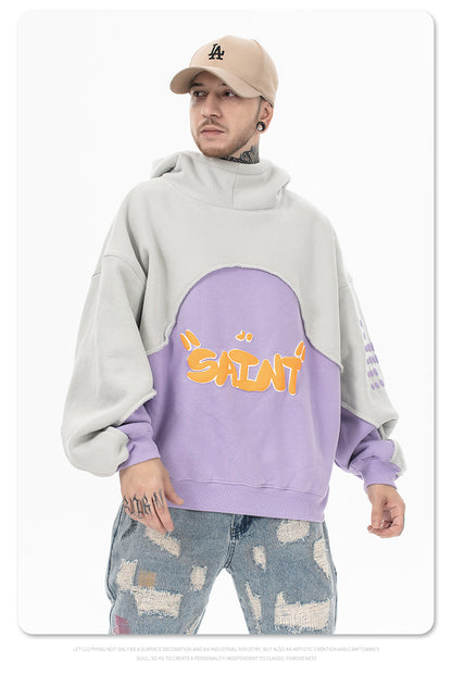 Stitching Contrast Color Velvet Padded Hooded Sweatshirt