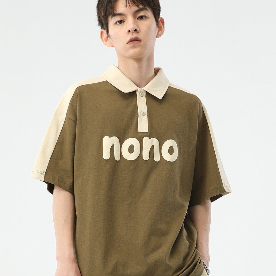 Men's Fashion Casual Cotton Lapel Color Matching Letter Print Short-sleeve