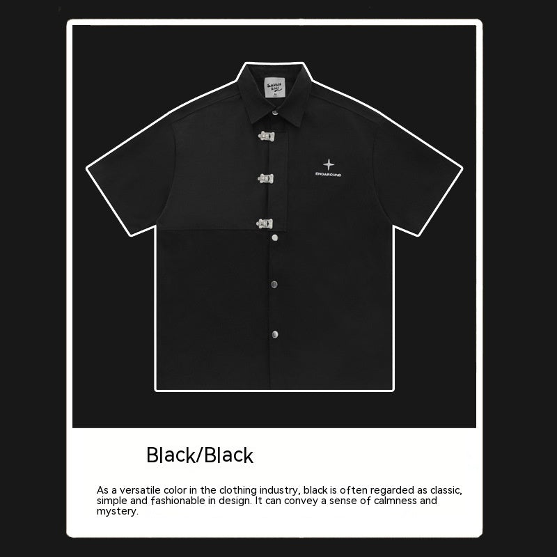 Short-sleeved Aircraft Buckle Shirt Men's And Women's Niche High Street Stitching Profile Shirt